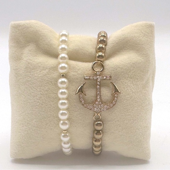Nautical Anchor Pearl Bead Stretch Bracelet Set‎ - Picture 1 of 3
